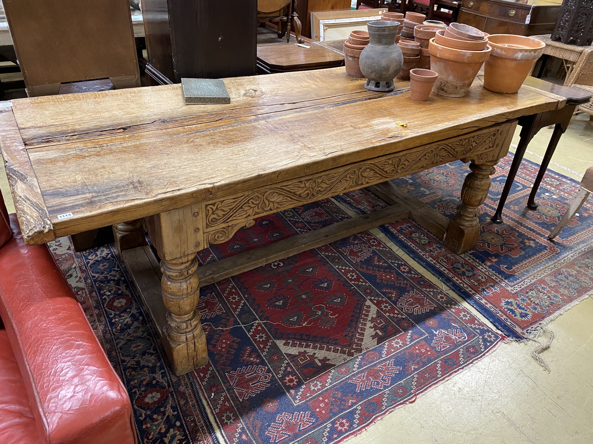 A 17th century and later oak refectory dining table, length 222cm, depth 85cm, height 77cm